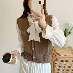 여성 니트 조끼 베스트 레이어드 브이넥 봄 가을 겨울 자수 가디건 V-05 리본레이스