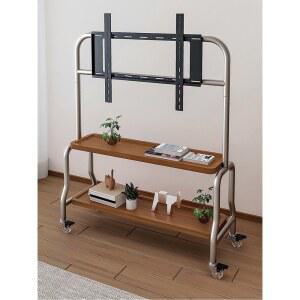 이동식 티비거치대 바퀴형 TV스탠드 티비받침대 초대형 홑겹블랙철제선반/호두색판/블랙휠 80인치까지