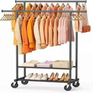 와티오울 더블 막대 옷걸이 바퀴 달린 옷걸이용 롤링 침실 세탁 거실용 선반이 있는 금속 휴대용 블랙