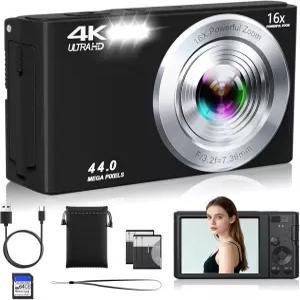 디지털 카메라 FHD 4K 44MP 컴팩트 포인트 및 슈팅 64GB SD 카드 2 배터리 16배 자동 초점 줌 소형