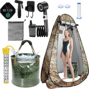 SIECCY 온수기 및 텐트 포함 휴대용 샤워기 ？ 6.6갤런 접이식 버킷 1500W 자동 전원 차단 히터 6000mAh