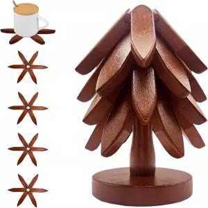 뜨거운 요리용 나무 트리벳 세트 4개 + 스탠드 1개 쌓을 수 있는 크리스마스 트리 디자인 자연 접이식 주방