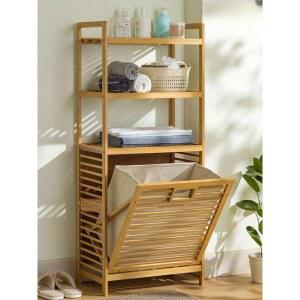 대나무 햄퍼 빨래바구니 50x95cm 슬라이딩 수납장 3단 빨래함