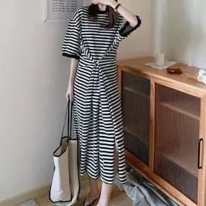 스트라이프 허리조임 반팔 롱원피스 여유핏 밑트임 WAE65A4