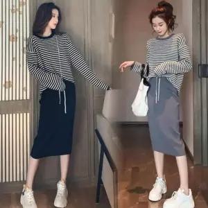여성 세트 가을치마 니트 투 니트치마 스트라이프 니트티 원 피스 봄