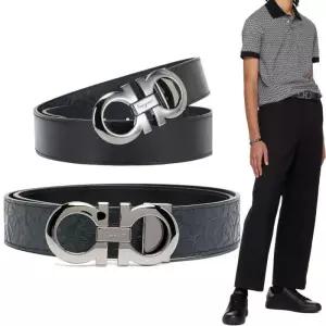 페라가모 간치니 엠보스드 흑광버클 프리컷 양면 벨트 네이비 블랙 675542 735