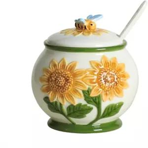 뚜껑과 숟가락 설탕 용기 주방 조리대용 병 커피 바-A가 포함된 WAT FLY 엠보싱 해바라기 및 꿀벌 세라믹