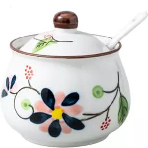 모스지 자기 슈가 볼 뚜껑 및 스푼 포함 주방용 세라믹 향신료 용기 소금 후추 설탕 또는 조미료 (LH)