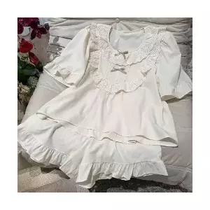 룽나루 커플 잠옷세트 면 공주풍 레이스 벌룬 소매 실내복 잠옷 HO1