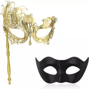 스틱 메탈 마스크가 있는 펀뮬라 커플 가면극 여성 및 남성을 위한 할로윈 베네치아 의상 마르디 그라