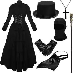 성인 여성을 위한 빈사틴 7피스 페스트 닥터 코스튬 무서운 할로윈 코스프레 파티 의상 액세서리