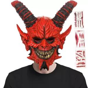 YUIQPKJX 무서운 빨간 염소 마스크 루시퍼 데빌 램 혼 고딕 해골 의상 풀 헤드 할로윈 코스프레 소품