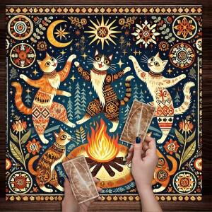 보헤미안 의식 고양이 테이블보 & 점술 매트 민속 예술 춤추는 해와 달 프린트 마녀 스타일 영적 식사/타로