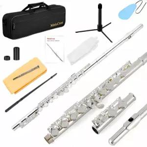 멜로크레스트 실버 도금 밀폐 홀 플루트 16개의 키 C 휴대용 케이스 스탠드 장갑 청소 키트 튜닝 로드 등을