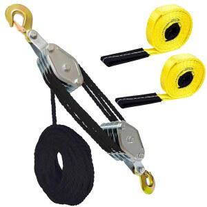 [미국배송] 4000LB 65피트 로프 호이스트 풀리 2톤 휠 블록 및 태클 시스템 7:1 비율 리프팅 파워(슬링이 있는 검은색 호이스트)