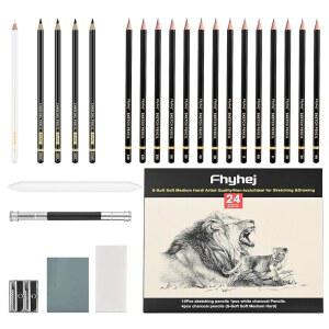 24피스 드로잉 연필 세트 - 흑연 스케치 14개(14B-4H), 4개, 흰색 및 미술 용품, 드로잉, 음영 처리, 초보자 아티스트용 스케치용