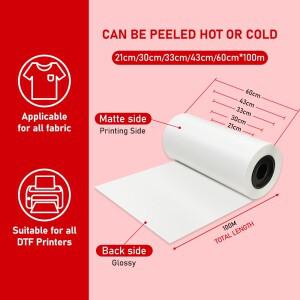 호환 21/30/33/43/60cmx100m 롤 DTF PET 필름 Epson L1800 I3200 XP600 R1390 프린터 A4용 직접 전사 인쇄