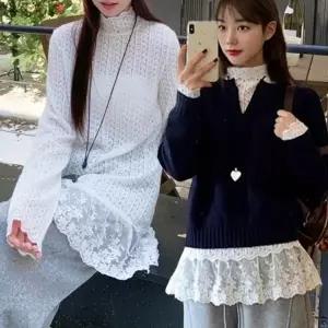 여성 봄 가을 반목 레이어드 레이스 시스루 블라우스 루즈핏 빅사이즈 흰색
