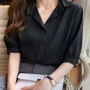 [하프클럽/]여성 데일리 심플 카라 5부 반팔 셔츠 쉬폰 블라우스