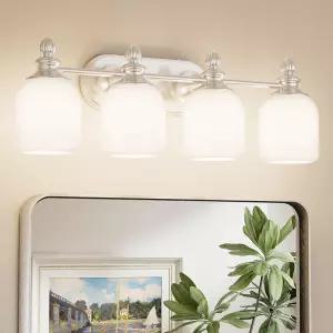 Keonjinn 브러시드 니켈 욕실 조명기구 프로스트 유리 음영 거울용 4라이트 빈티지 베니티 UL 벽용 E26