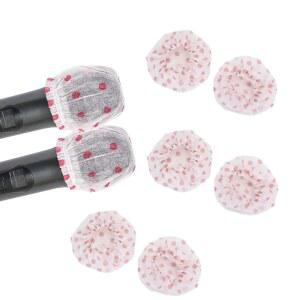 노래방 컨퍼런스 무대 공연 콘서트용 일회용 마이크 커버 100개, 부직포 탄성 밴드 휴대용 앞유리 보호 캡 빨간색 포인트