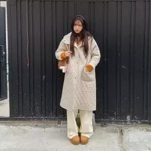 [다잇템] 여성 빅사이즈 패턴 후디 롱 아가일 퍼 코트