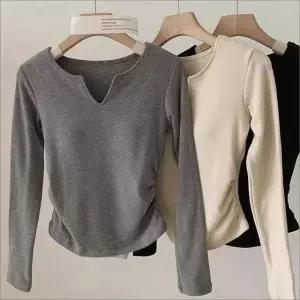 노브라 v넥 4컬러 여성 슬림핏 셔링티 캡내장 티셔츠 긴팔 (WFKBX9X)