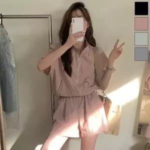 여자 통기성 좋은 폴리 루즈핏 반팔 아노락 집업 쇼츠 투피스