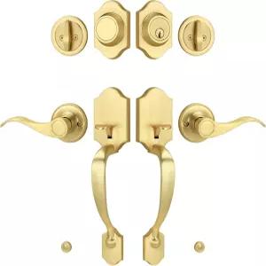 더미 및 데드볼트가 있는 LOQRON 이중 현관문 손잡이 세트 외부 도어 또는 사무실용 골드 클래식 하프 그립