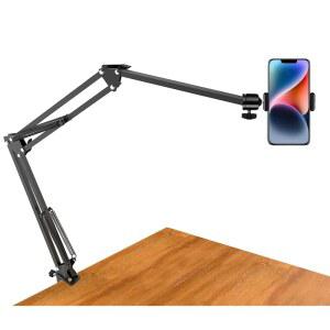 카메라 웹캠 링 라이트용 오버헤드 삼각대 마운트, 휴대폰 홀더와 볼 헤드가 있는 롱 오버 헤드 관절형 암, 라이브 스트리밍, 비디오 녹화를 위한 데스크탑 레이지 암 클램프 스탠드 액세서리