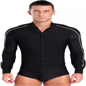 이니임 남성 롱 슬리브 볼룸 라틴 살사 댄스 셔츠 바디수트 버튼 반짝이는 라인스톤 레오타드 탑스