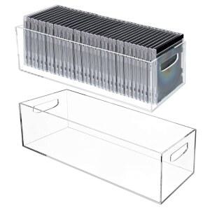 2팩 DVD /CD 보관 상자 아크릴 투명 홀더 케이스 손잡이 포함 쌓을 수 있는 용기 선반 정리함 통 CD 비디오 게임 블루레이 책 소책자 조리대 캐비닛 홈 오피스용