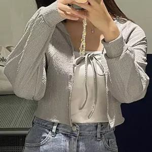 여성 봄가을 크롭 숏 가디건 리본 스트링 볼륨 소매여리핏 간절기아우터 자켓 볼레로 그레이 흰색이너 데님