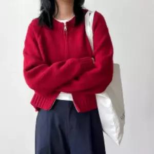 여자 가을 간절기 라운드넥 긴팔 크롭 숏 니트 가디건레드 핑크 루즈핏 겨울 블랙
