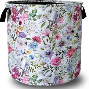 수채화 꽃무늬 세탁 바구니 접이식 손잡이 토트백 옥스포드 천 컬러 옷 보관 버킷 장난감 정리함 189 x 165