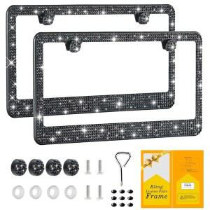 프리미엄 글리터 2팩 라인스톤 스파클-블랙 fiisfiis 스테인리스 번호판 소녀 린센스 여성용 크리스탈 프레임, 비즈드 태그 핸드메이드 블링 홀더, 커버, 다이아몬드