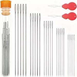 25팩 대형 눈 자수 바늘 스테인리스 스틸 샤프 퀼팅 크로스 스티치와 2개의 실밥 및 휴대용 보관함용