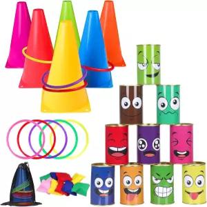 36PCS 카니발 게임 콤보 세트 4 in 1 빈백 토스 캔 플라스틱 콘 링 실내 야외 학교 운동장 생일 파티 마당