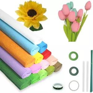 DIY 꽃을 위한 15롤 크레페 종이 15가지 색상10 x 8.2 녹색 와이어 줄기 테이프 액세서리가 포함된 완전한