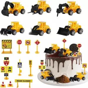 ZWLIYCHN 미니 건설 차량 케이크 토퍼 16개 트럭 굴착기 교통 도로 표지판 컵케이크 토이 장식 엔지니어링