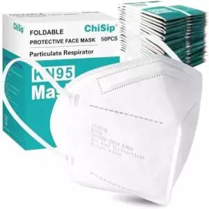 ChiSip Kn95 페이스 마스크 50팩 개별 포장 컵 먼지 안전 5겹 보호 남성용 여성용 실내용 실외용 흰색