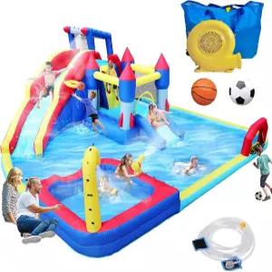 대형 풍선 워터 슬라이드 파크 19x17x8피트 10인치 1인치 바운스 하우스 송풍기 듀얼 스플래시 풀 캐논