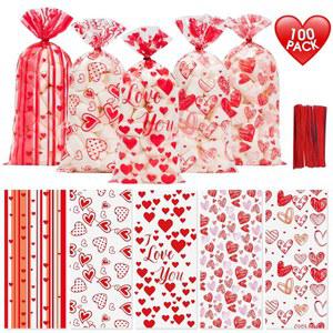 발렌타인 간식 가방 100개 - 레드 하트 셀로판 구디백, 투명 플라스틱 해피 발렌타인데이 첼로 캔디 선물 가방, 트위스트 타이 포함 결혼 기념 파티 용품 지원