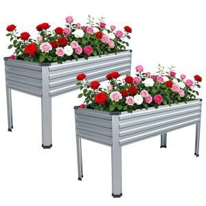 [미국배송] 다리가 있는 야외용 MGNO 2PCS 아연 도금 레이즈드 가든 베드 뒷마당 파티오 발코니 300파운드 용량 실버 U2026용 48 18 32인치 금속 고가 플랜터 박스