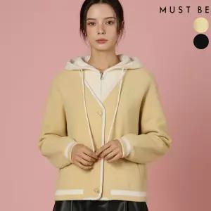 여성 후드 레이어드 배색 니트 가디건