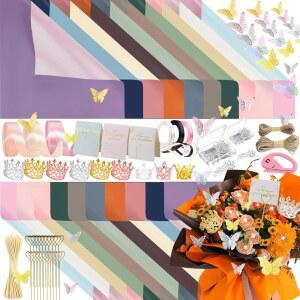 DNSGOOR 548Pcs 포장지 키트 200매 양면 컬러 꽃다발 방수 장식 크라운 3D 버터플라이 리본 발렌타인 졸업 파티용