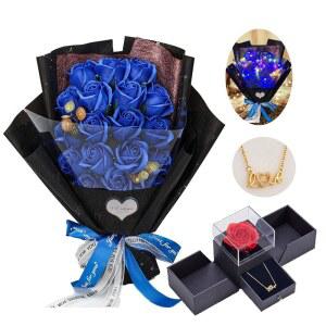 에잇타운 장미 꽃다발 인조 그녀를 위한 사랑의 목걸이가 있는 보존된 블루 로즈 발렌타인데이 어버이날 추수감사절 생일 기념일 특별한 선물