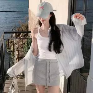 [하프클럽/]여성 오버핏 시스루 봄가을 하늘하늘 스트라이프 셔츠