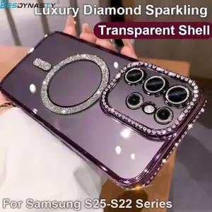 삼성 갤럭시 S25 S24 Plus S23 S22 울트라 Magsafe 자기 무선 충전 커버에 대한 럭셔리 도금 다이아몬드 반