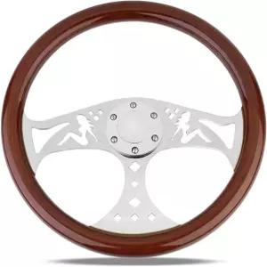 YEHICY 15인치 차량용 우드 그레인 스티어링 휠 걸 패턴 클래식 향수 스타일 레이싱 혼 버튼 포함